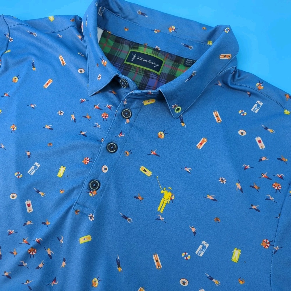 William Murray Golf Polo Shirt Mens Large Blue Pool Party Swimmer Print Performa